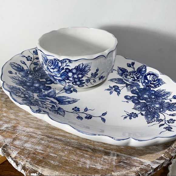 Blue Toile large floral platter & bowl set French Country cottage decor - Picture 1 of 10